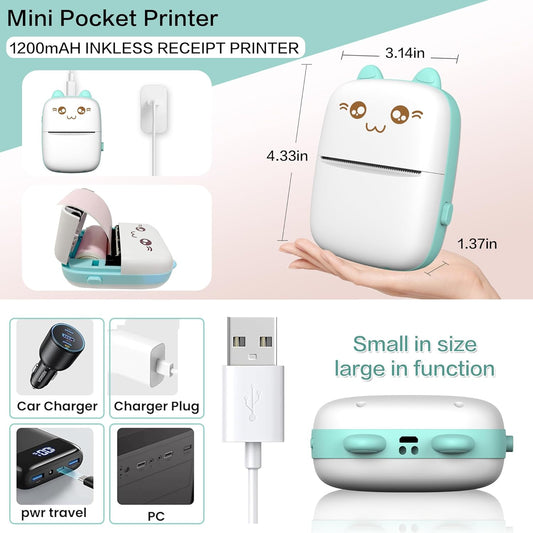 Mini Printer Portable, Inkless Sticker printer with 8 Rolls Paper